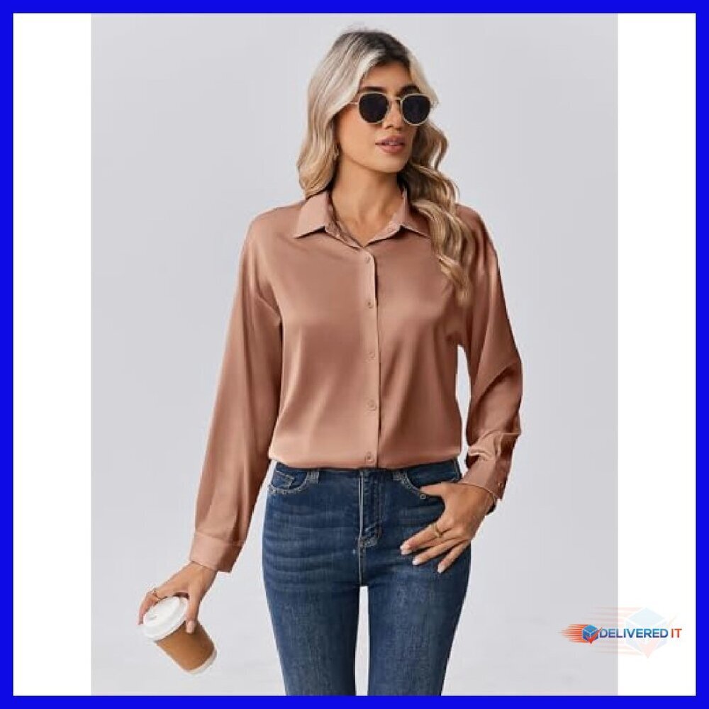 Long Sleeve Satin Button Down Blouse - Business Casual Fall Top - Picture 3 of 8